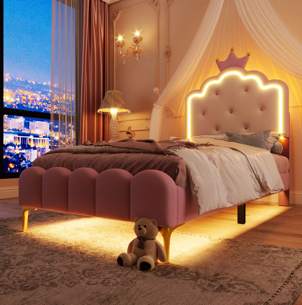 Letto singolo a corona 90x200 cm con luce LED; PU rosa