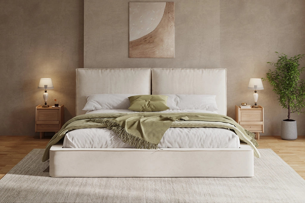 Letto imbottito matrimoniale 180 × 200 cm con testiera imbottita, rete inclusa, senza materasso, in chenille beige