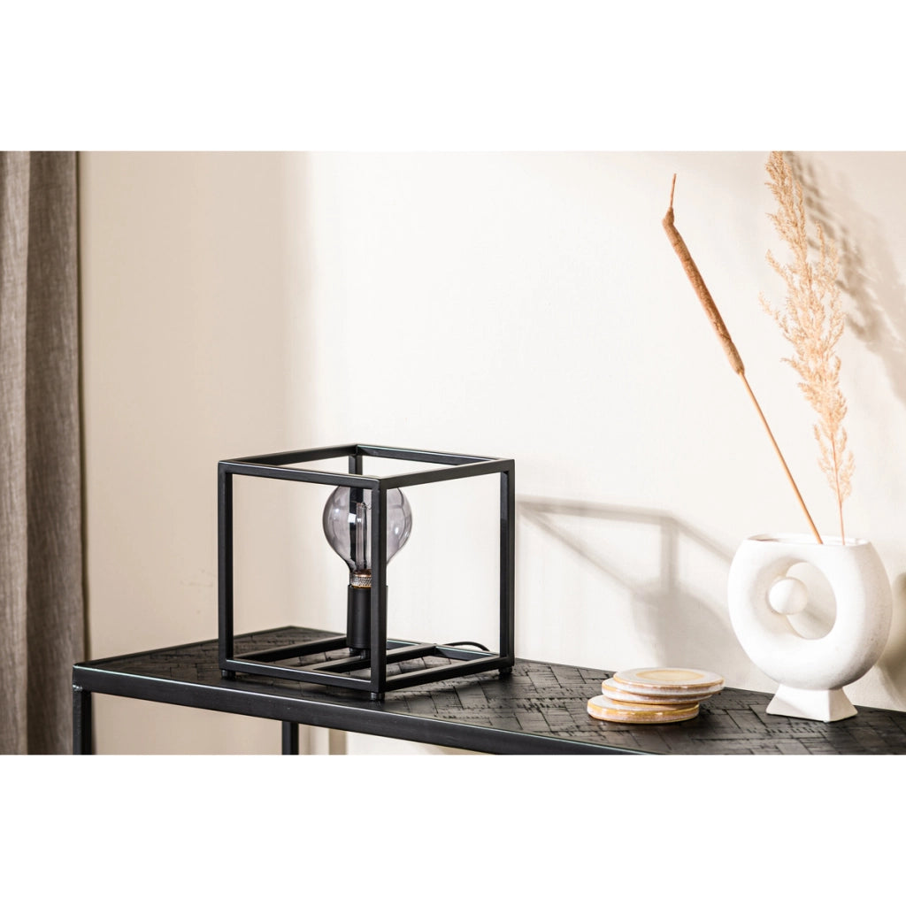 Lampada da tavolo T340 nera a cubo in metallo, 23 cm