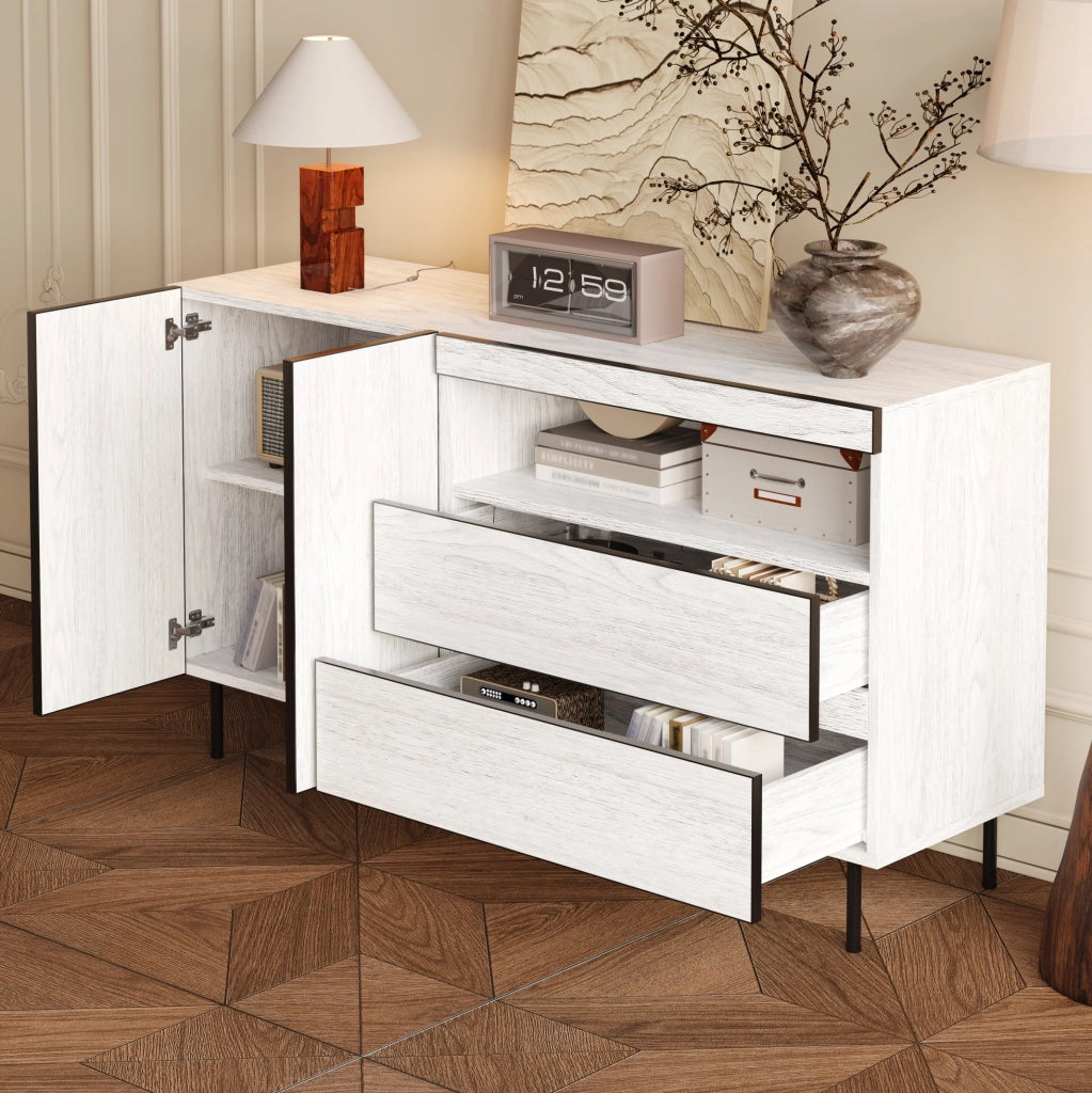 Credenza 140x42x77 cm bianca， 2 ante， 2 cassetti， vano aperto