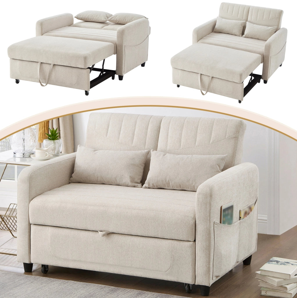 Divano letto 2 posti estraibile con schienale regolabile a 3 posizioni; cotone-lino beige