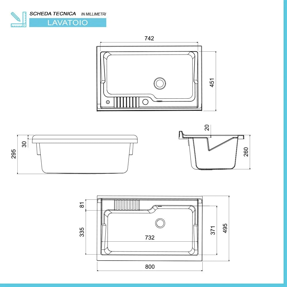 Mobile lavatoio 80x50 cm grigio calce vasca in resina e kit di scarico Moon