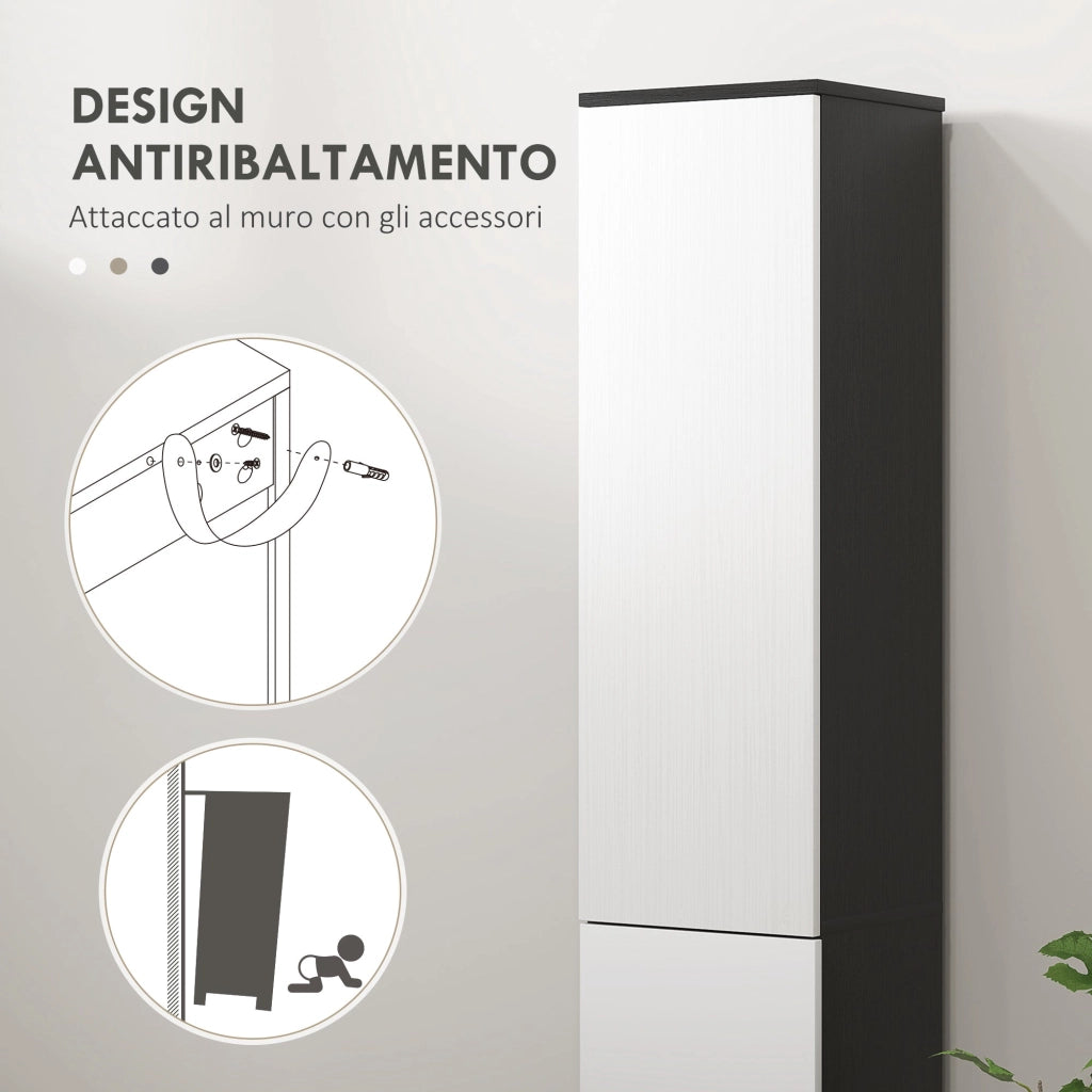 Mobile a Colonna da Bagno Salvaspazio con 2 Armadietti e Cassetto 30x28x180 cm Nero e Bianco