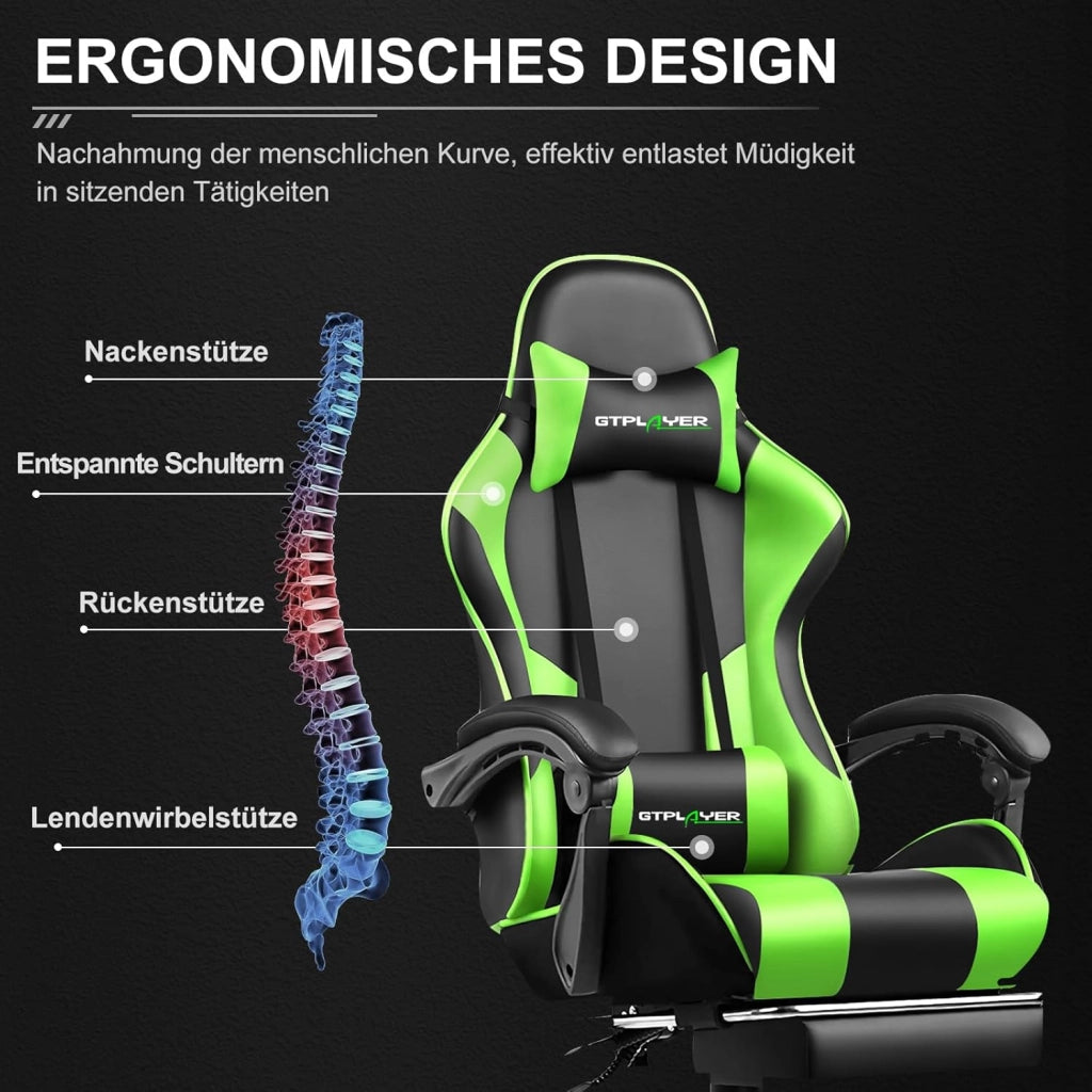 Sedia da ufficio, da gaming, da gaming, ergonomica, con poggiapiedi, poggiatesta, cuscino lombare, imbottito, sedia girevole verde