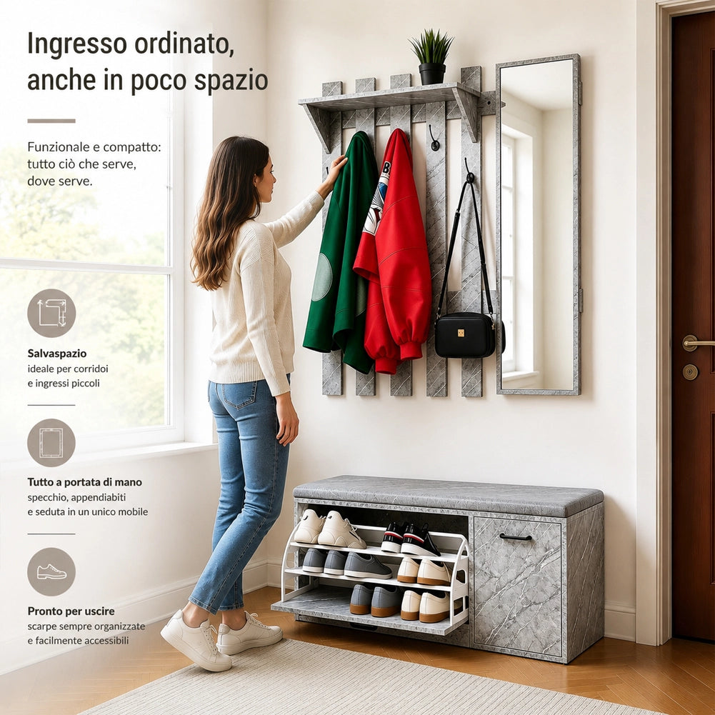 Set Ingresso con Scarpiera e Appendiabiti con Specchio Attaccapanni Grigio Marmo