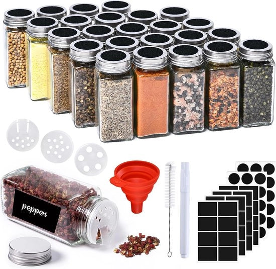 Contenitori a erbe Quadrati 25 pezzo - Contenitori a erbe 120 Ml - Contenitori a erbe con dispositivo di rilascio, contenitore, etichette a erbe, contenitore a erbe e organizzatore per armadi cucina, tende, camper