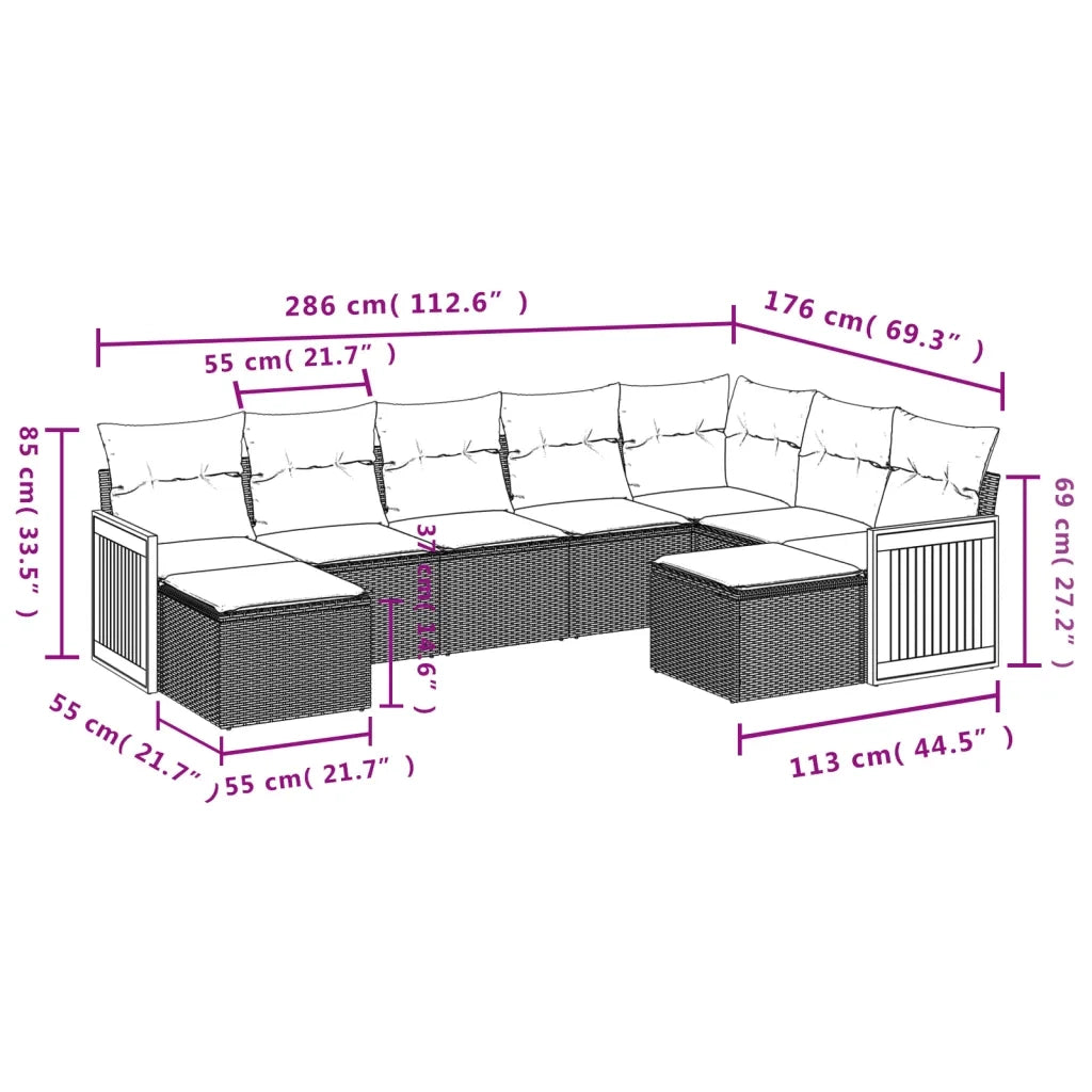 Set Divano da Giardino 9 pz con Cuscini Beige in Polyrattan