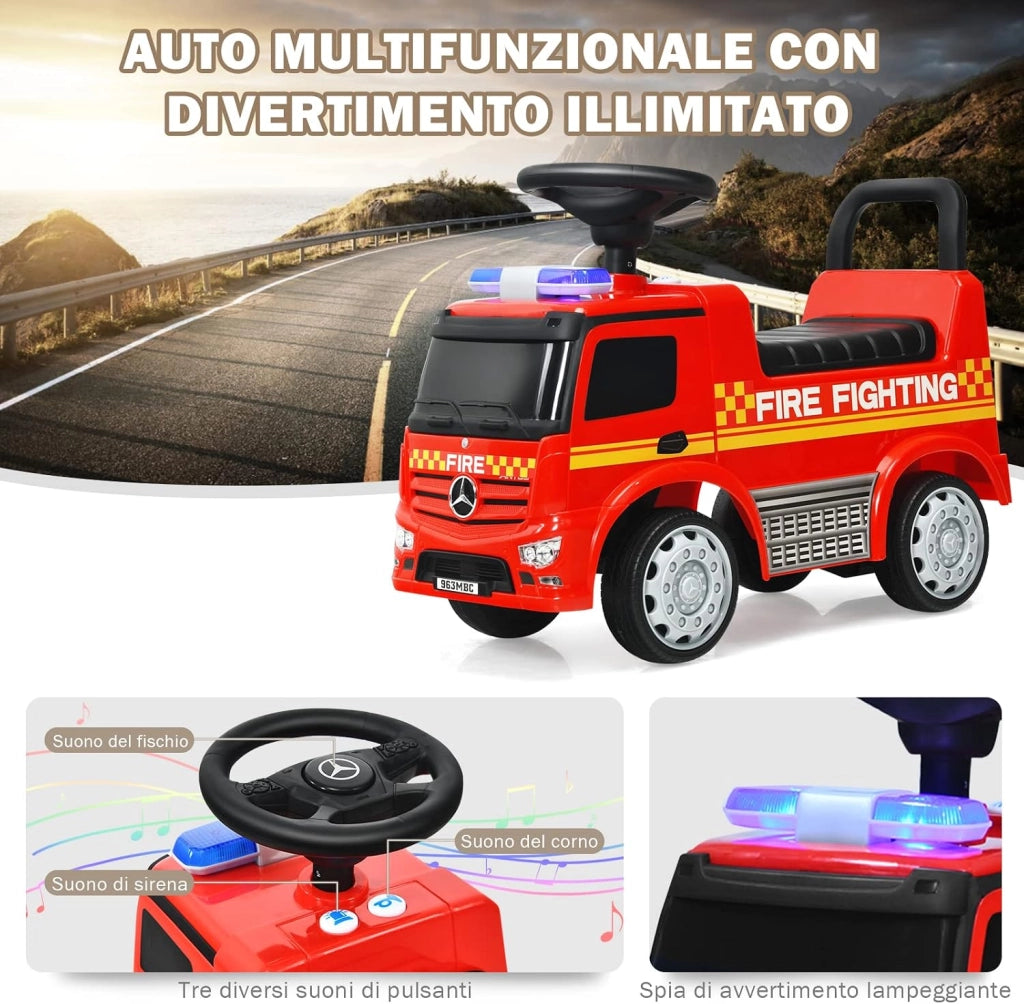 Camion dei Pompieri per Bambini, Macchinina Cavalcabile per Bambini, con Volante, Schienale, Macchina Cavalcabile con Piedi a Terra, Rosso