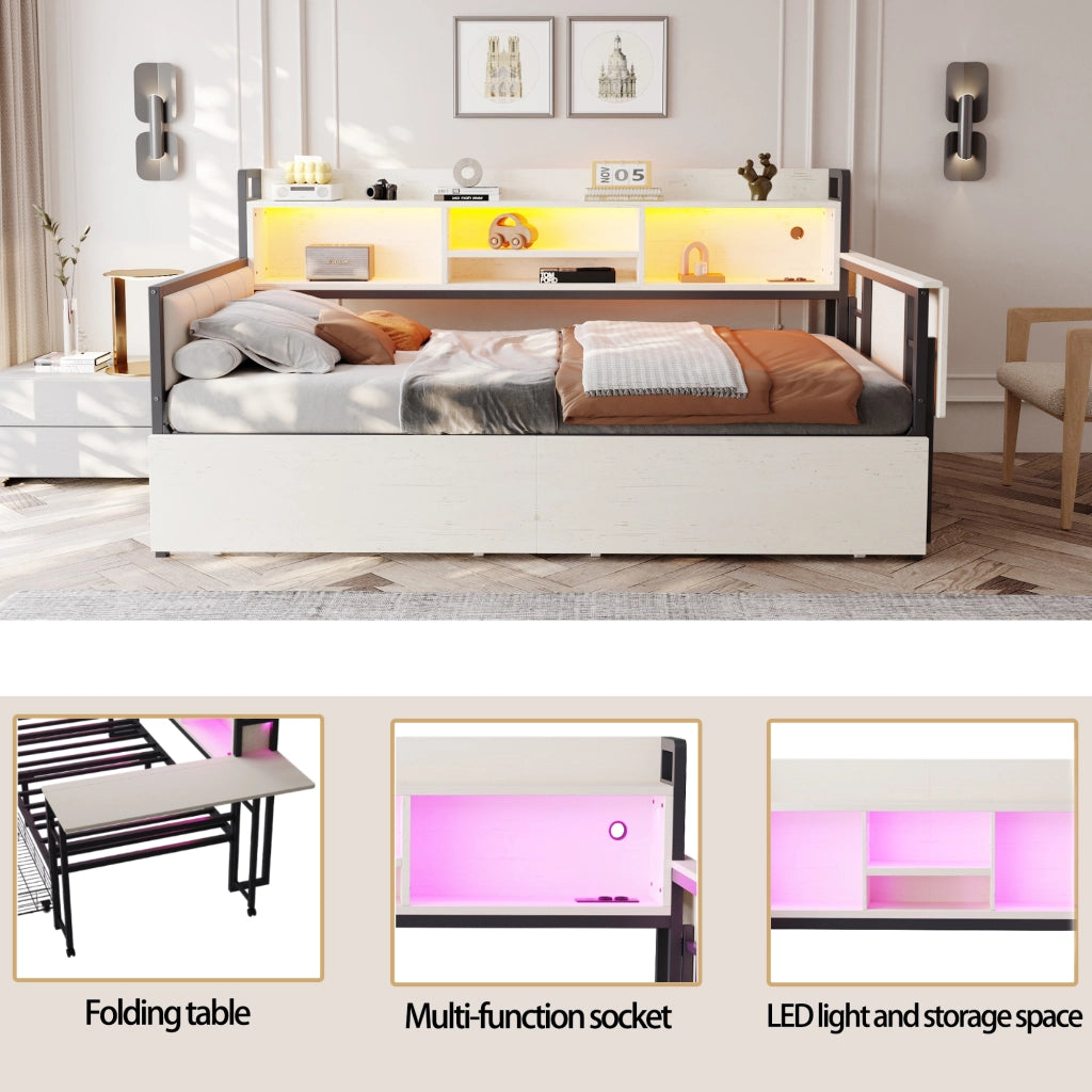 LETTO Multifunzionale 90x200 cm Metallo Bianco con Scrivania e Cassetti