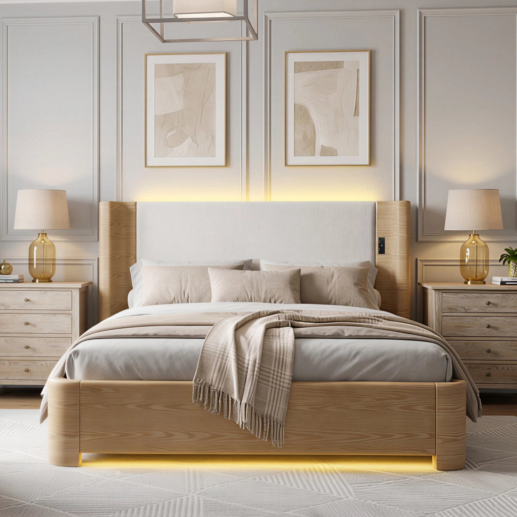 Letto beige 180 x 200 cm con sollevamento idraulico e illuminazione LED