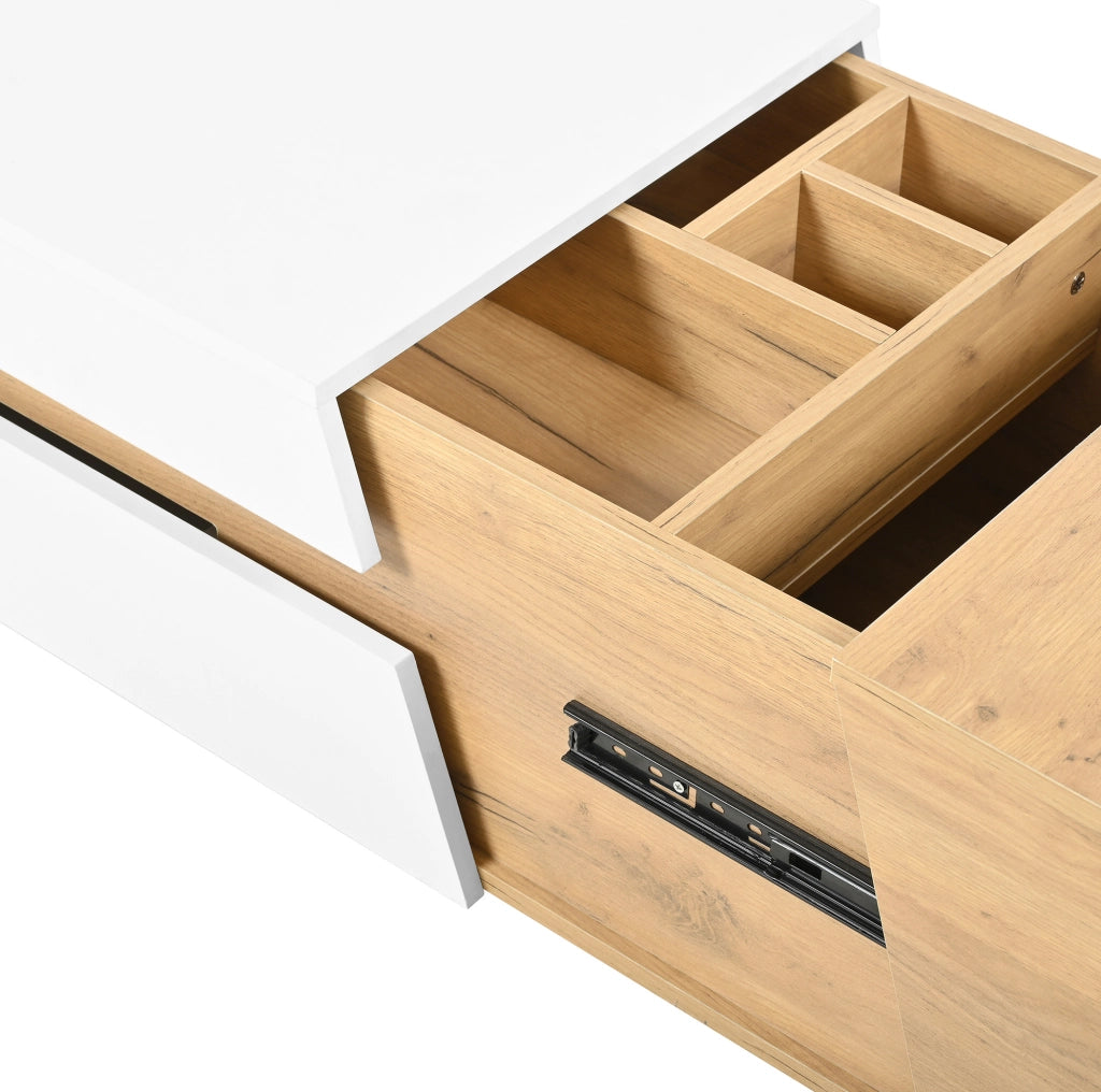 Tavolino da caffè scorrevole 120x50x37;5 cm con 2 cassetti in MDF bianco e naturale