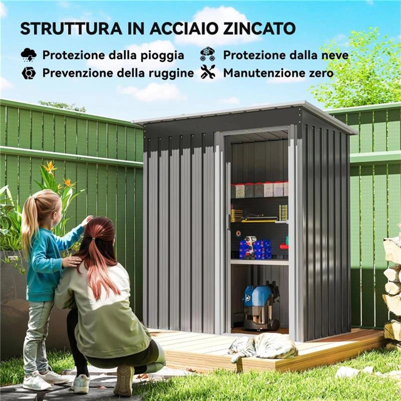 CAPANNO ATTREZZI CON TETTO INCLINATO E PORTA SCORREVOLE, IN ACCIAIO E PP, 163X89X182 CM, GRIGIO CHIARO