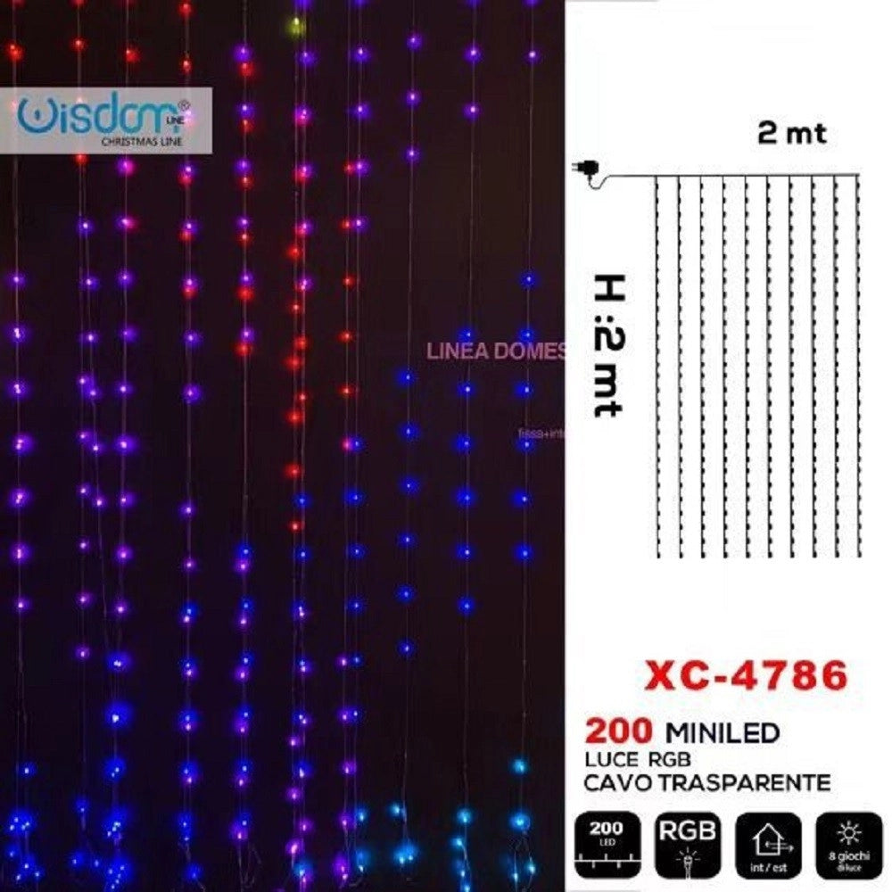 Trade Shop - Tenda Luminosa Natalizia 200 Led Luce Rgb Cavo Trasparente 8 Giochi Luce Xc-4786 -