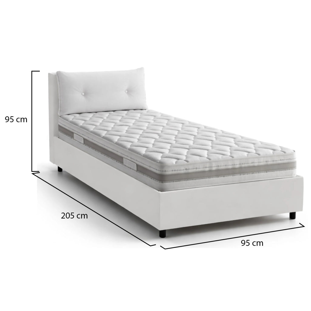 Letto singolo Albiate, Letto contenitore con rivestimento in ecopelle, Made in Italy, Apertura frontale, con materasso cm 80x190 incluso, Bianco