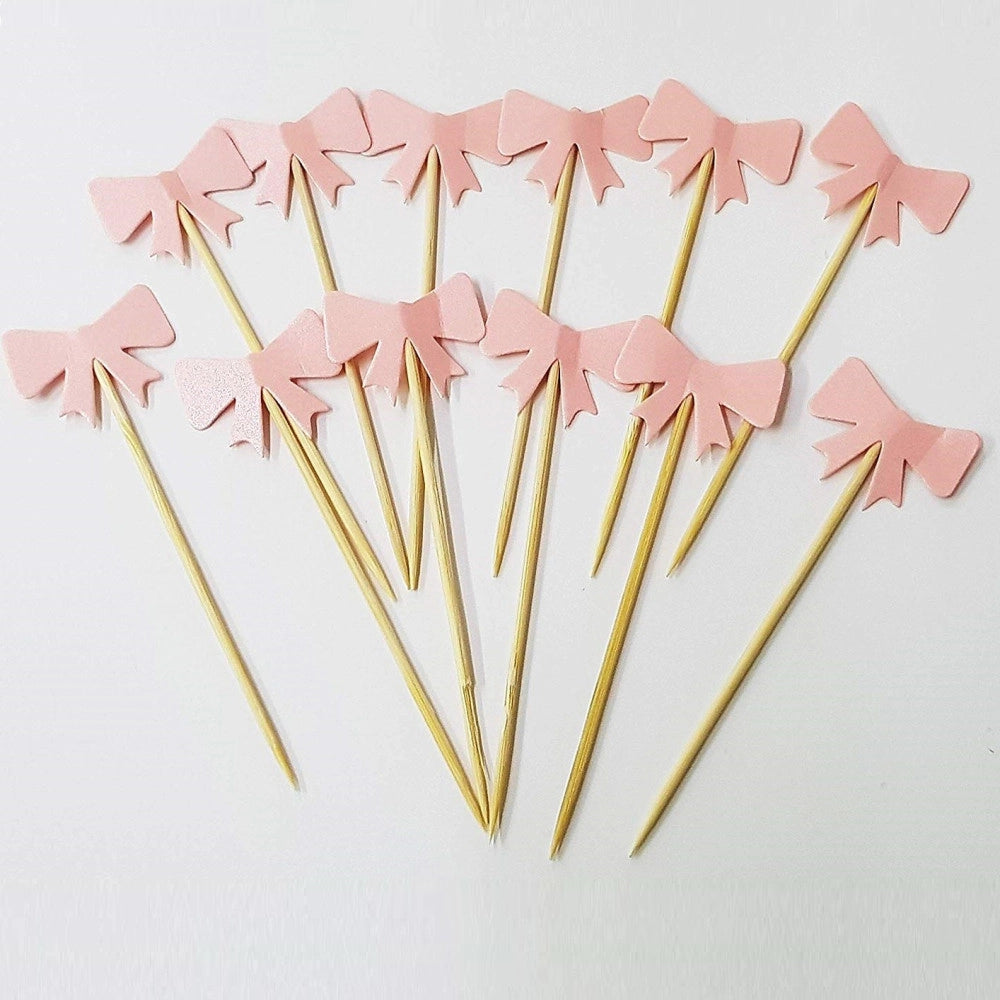 Trade Shop - Set 24 Pezzi Stuzzicadenti Fiocco Rosa Per Cupcake Per Festa Aperitivo Snack -