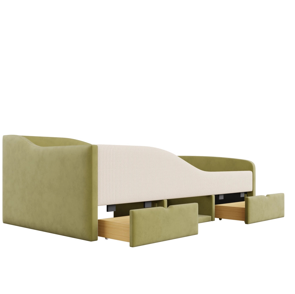 Letto imbottito 90x190 cm con 2 cassetti e sponde in velluto verde e avorio