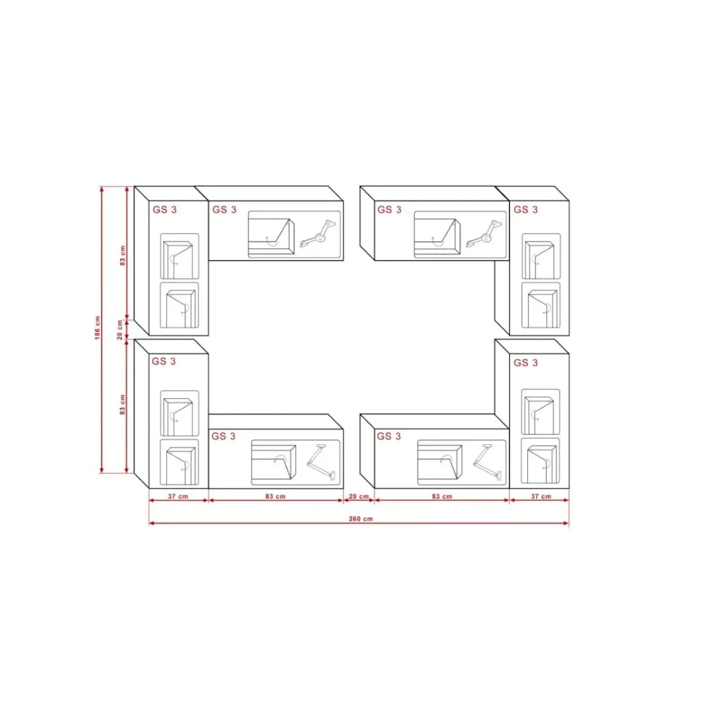 Set di mobili da soggiorno neri sospesi collezione CEPTO XX 260cm, 8 pezzi, con LED, modulari.