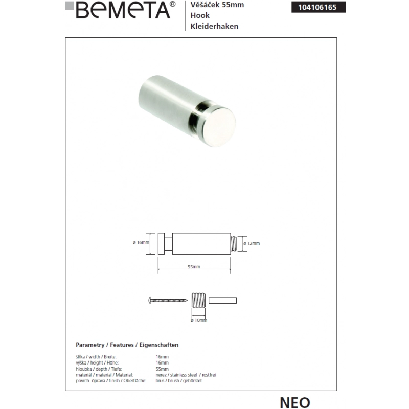 NEO Appendiabiti in acciaio inox 5cm Ø1.6cm