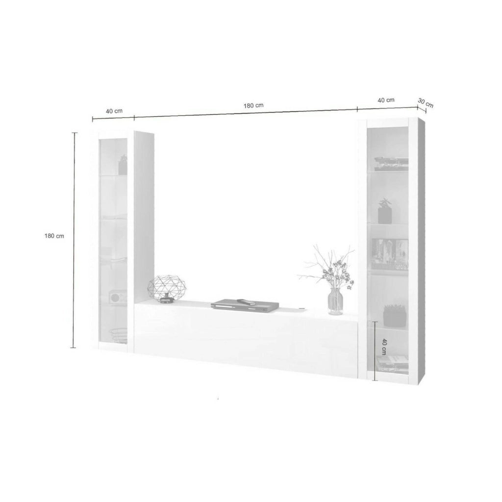 Mobile Soggiorno Leda, Parete Attrezzata 9 Ripiani Made in Italy, 260x30x180h cm Bianco Lucido