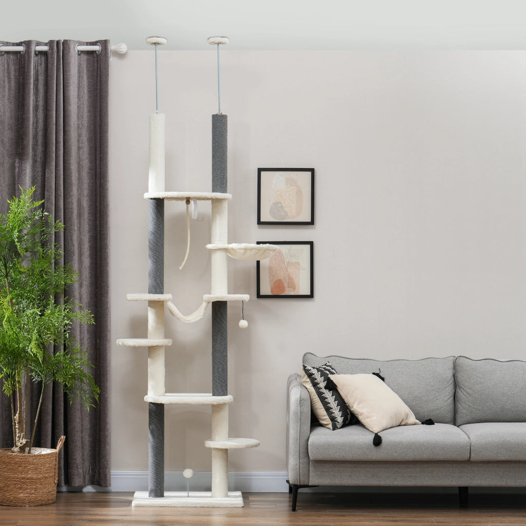 Albero tiragraffi per gatti regolabile con piattaforme e amaca ¨C zephmum ¨C Bianco 225-255 cm