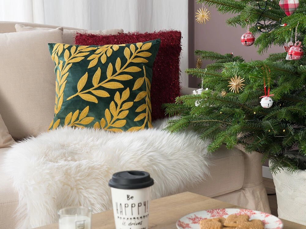 Set di 2 Cuscini Decorativi Velluto Verde Ricamato Motivo Foglia 45 x 45 cm Motivo Floreale Glamour Arredamento Retrò Accessori