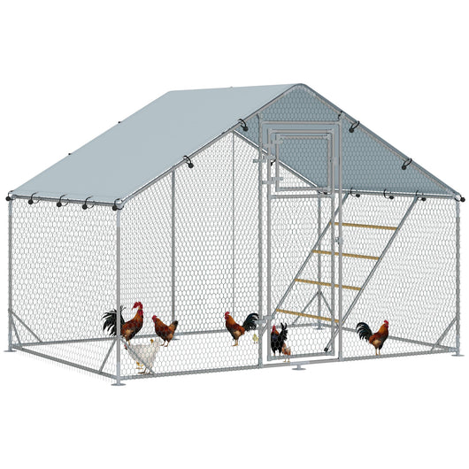 Recinto per Galline da 6 mq 300x200x195 cm per 6-8 Animali con Tetto Impermeabile Mangiatoia e Posatoio Argento
