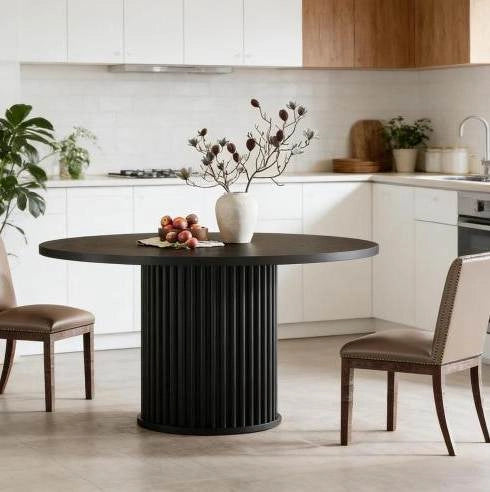 Tavolo rotondo da pranzo moderno nero in MDF e metallo; 119;9 cm; per 6 persone