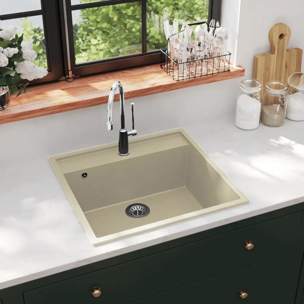 Lavello da Cucina con Foro Troppopieno Beige in Granito cod mxl 70263