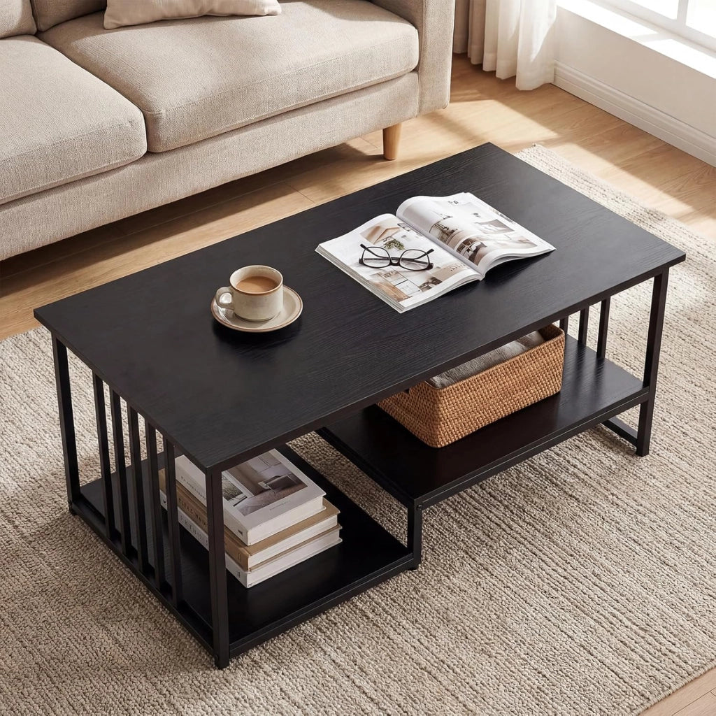 Tavolino da Caffè Rettangolare con 2 Ripiani Portaoggetti e Struttura in Metallo Resistente, Tavolo dallo Stile Moderno, Tavolino Cocktail per Soggiorno e Lounge, 110 x 60 x 45 cm (Nero)