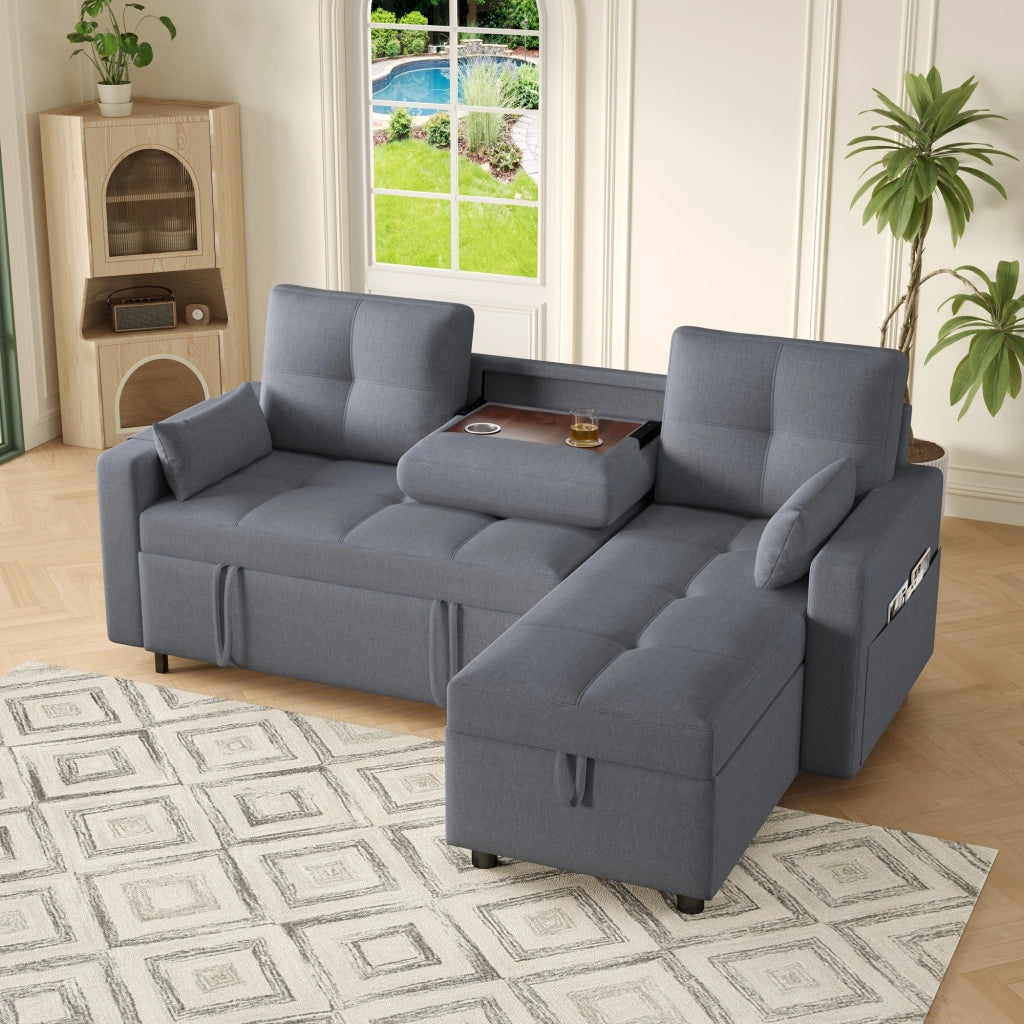Divano angolare L modulare letto estraibile con vano contenitore e portabicchieri in lino grigio 211 × 136 × 87 cm