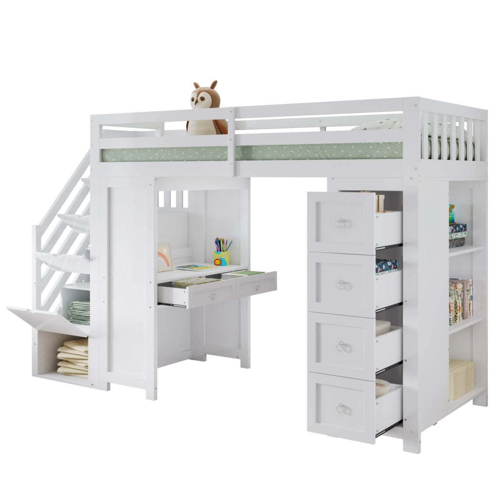 Letto a soppalco 90x200 cm con scrivania e contenitore in legno bianco