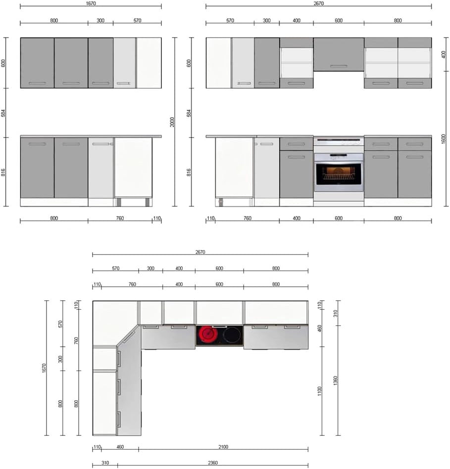Cucina ad angolo Rick, Bianco lucido/bianco, 270 x 60 cm, PL Marmo, con moduli combinabili in modo variabile e piedi regolabili in altezza