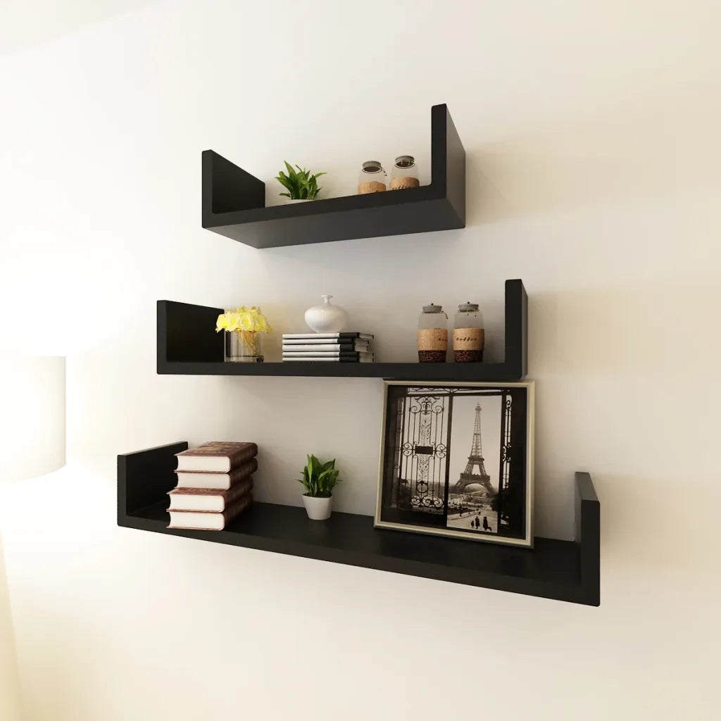Mensole a Parete 3 pz Nere in MDF a U per Libri/DVD 242175
