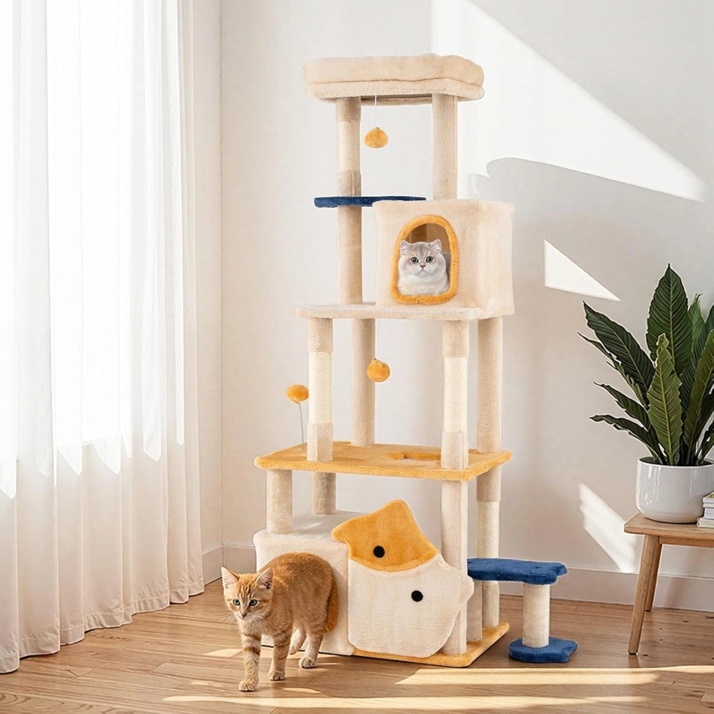 Albero per Gatti da Interno Alto 159 cm, Tiragraffi per Gatti con 2 Condo, Posatoio Morbido Rimovibile e Palo Scratcher in Sisal, Centro Attività Versatile per Animali Domestici