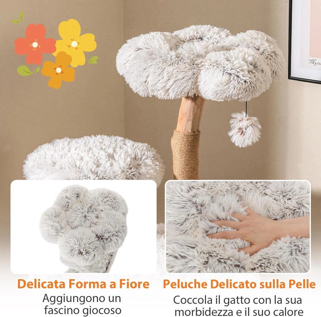 Tiragraffi per Gatto Alto 135 cm, Albero Tiragraffi in Legno di Pero Naturale con Grotta e 6 Piani, Torre per Gatti Imbottito in Peluche con Corde Juta e Pompon, Bianco