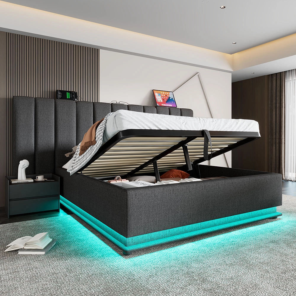 Letto imbottito con Coffre - Xylo - 160x200 cm - Grigio Lino - Controllo App LED e USB-C