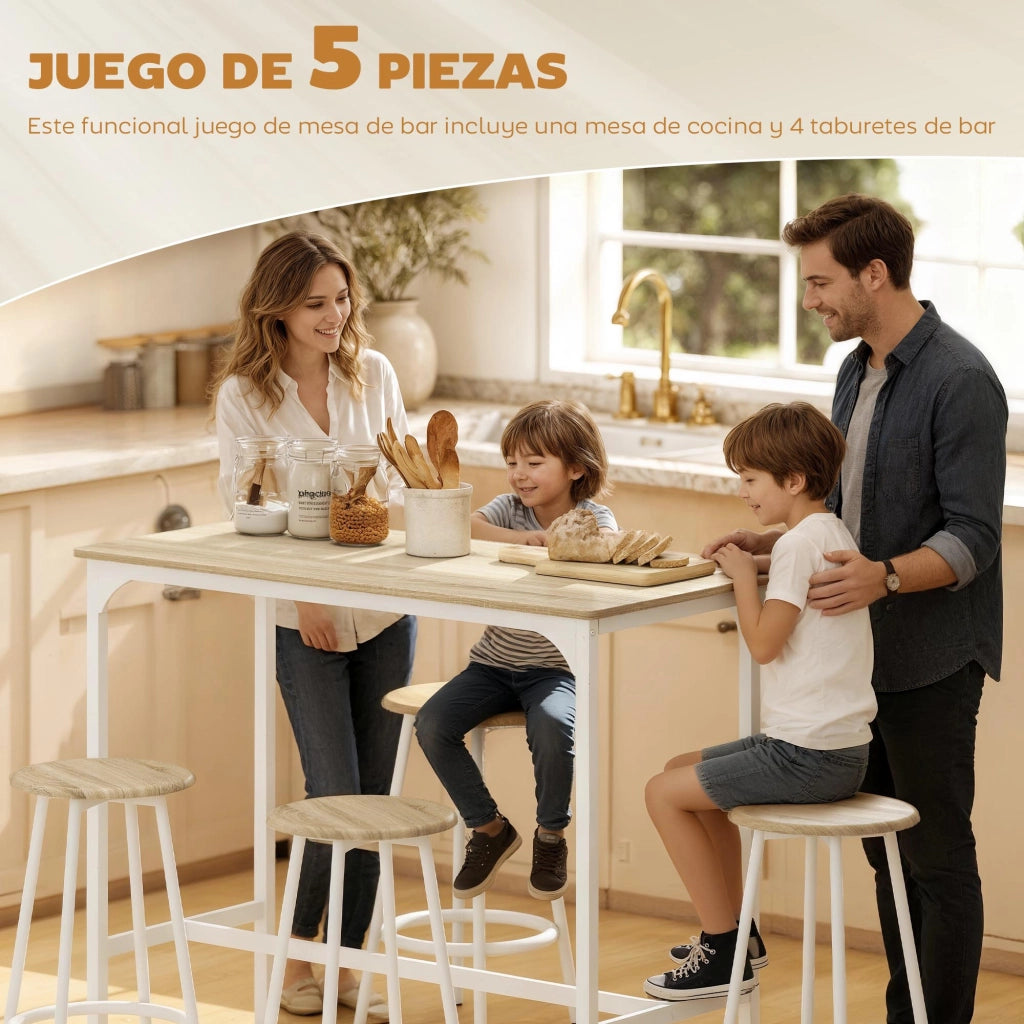 Set Tavolo da Bar e 4 Sgabelli Stile Industriale ¨C zephmum ¨C Bianco e Legno Naturale