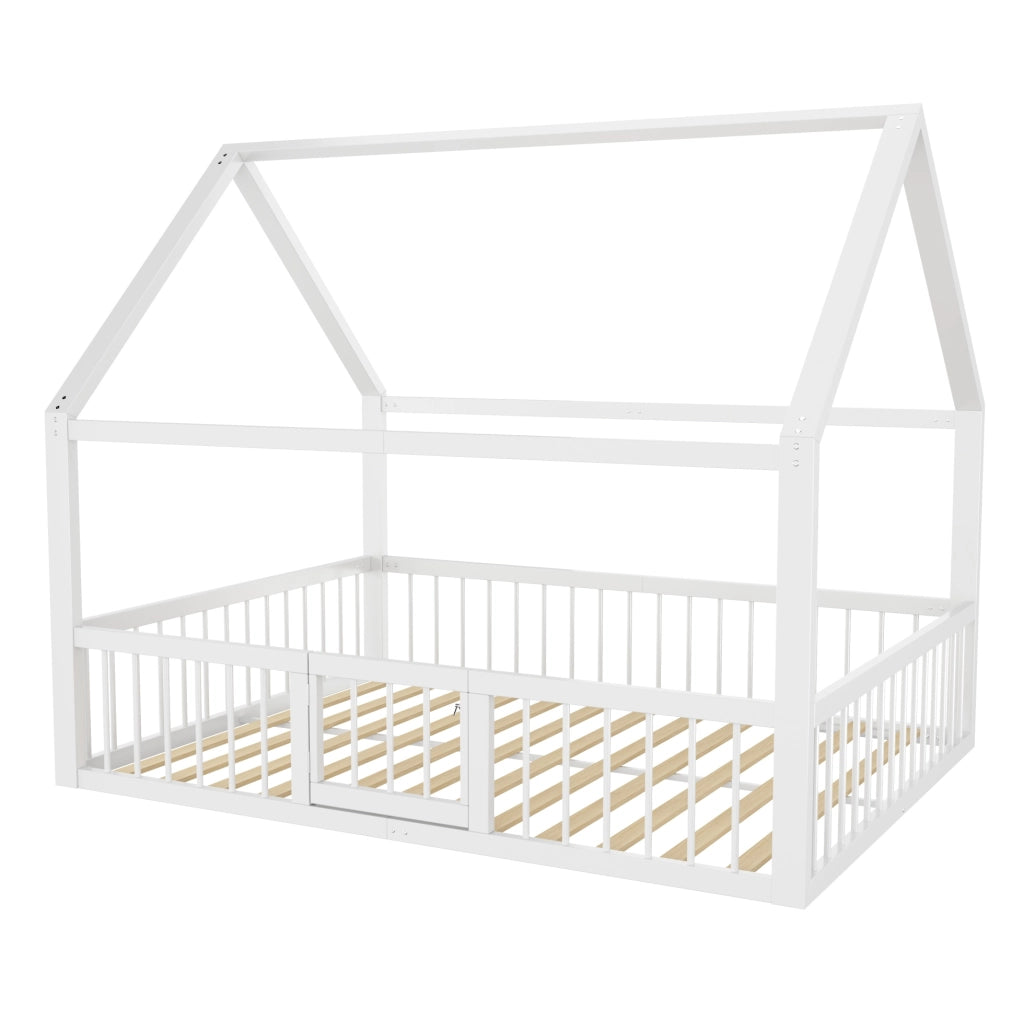 Letto 140x200 cm a casetta con sponde e porticina in metallo bianco