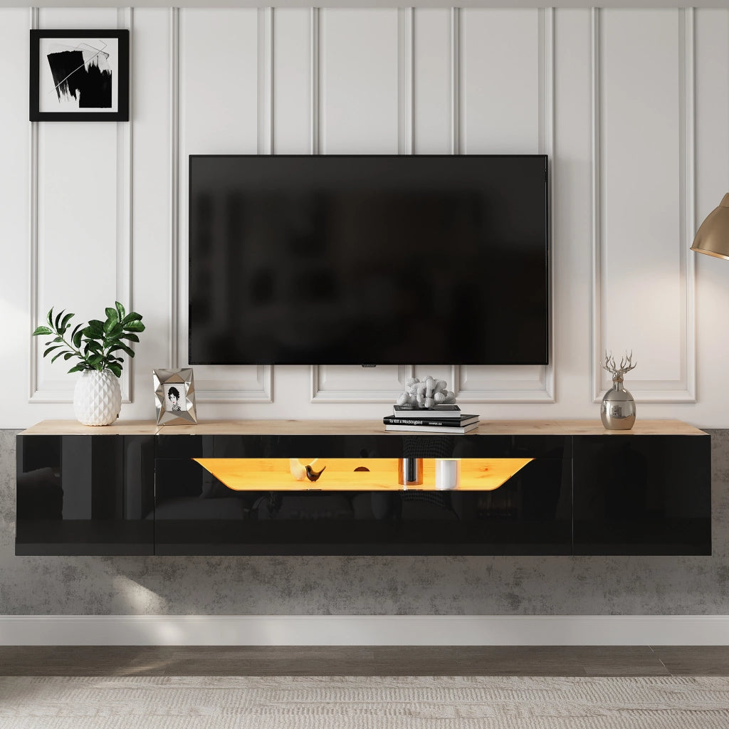 Mobile porta TV sospeso con LED e 3 vani in pannello truciolare beige e nero 180 × 37 × 36 cm