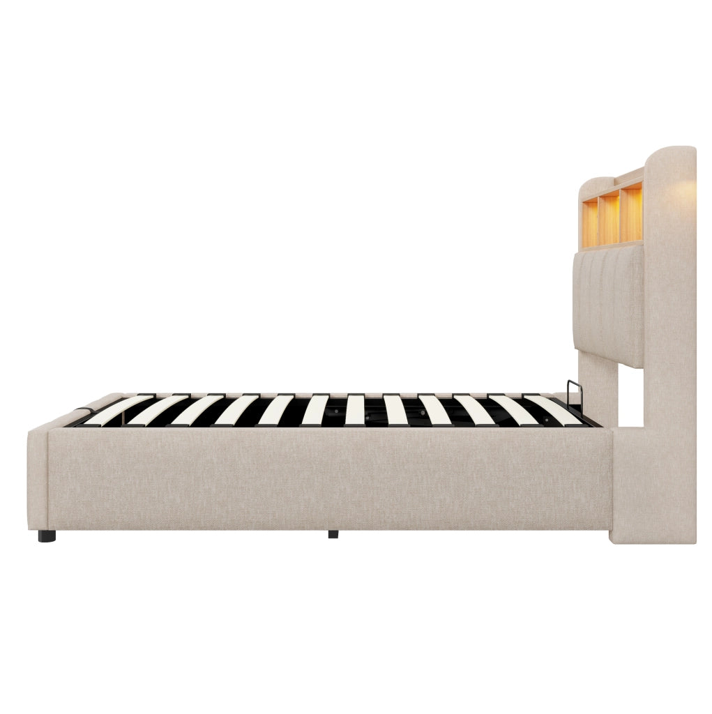 Letto imbottito ULEVR 90x200 cm beige con contenitore idraulico, LED regolabili, USB e Type-C