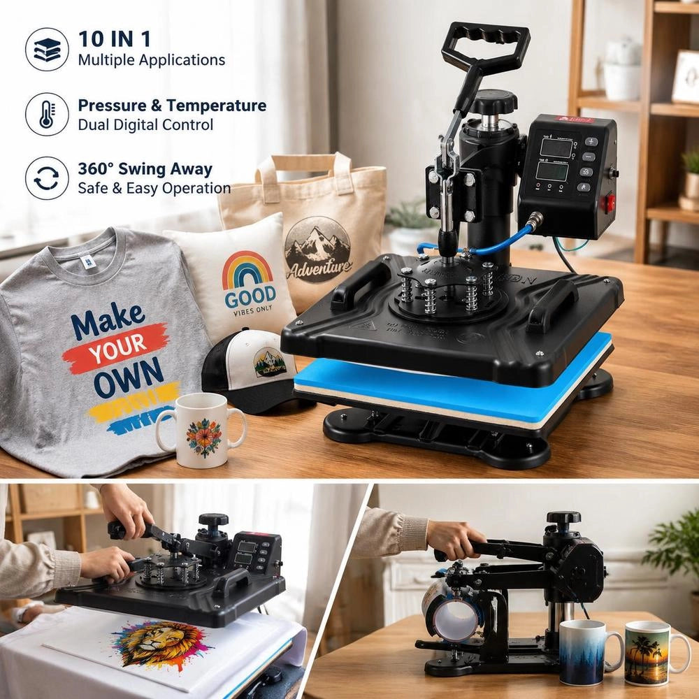 10-in-1 Heat Press 38 X 30 Cm Transfer Press Black Hot Press Textile Press Multifunctional Sublimation T-Shirt Press Cup Press