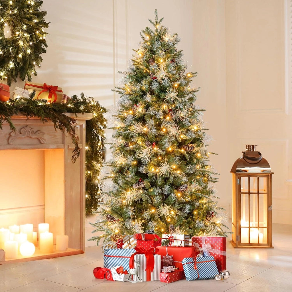 Albero di Natale Artificiale Pre-illuminato 180 cm con 270 Luci LED | Albero di Natale con 806 Punte di Rami in PE, PVC e PET e Pigne e Bacche Rosse, per Casa, Negozio e Ufficio