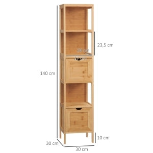 Mobile bagno 30x30x140 cm con 3 ripiani e 2 cassetti; bambù; naturale