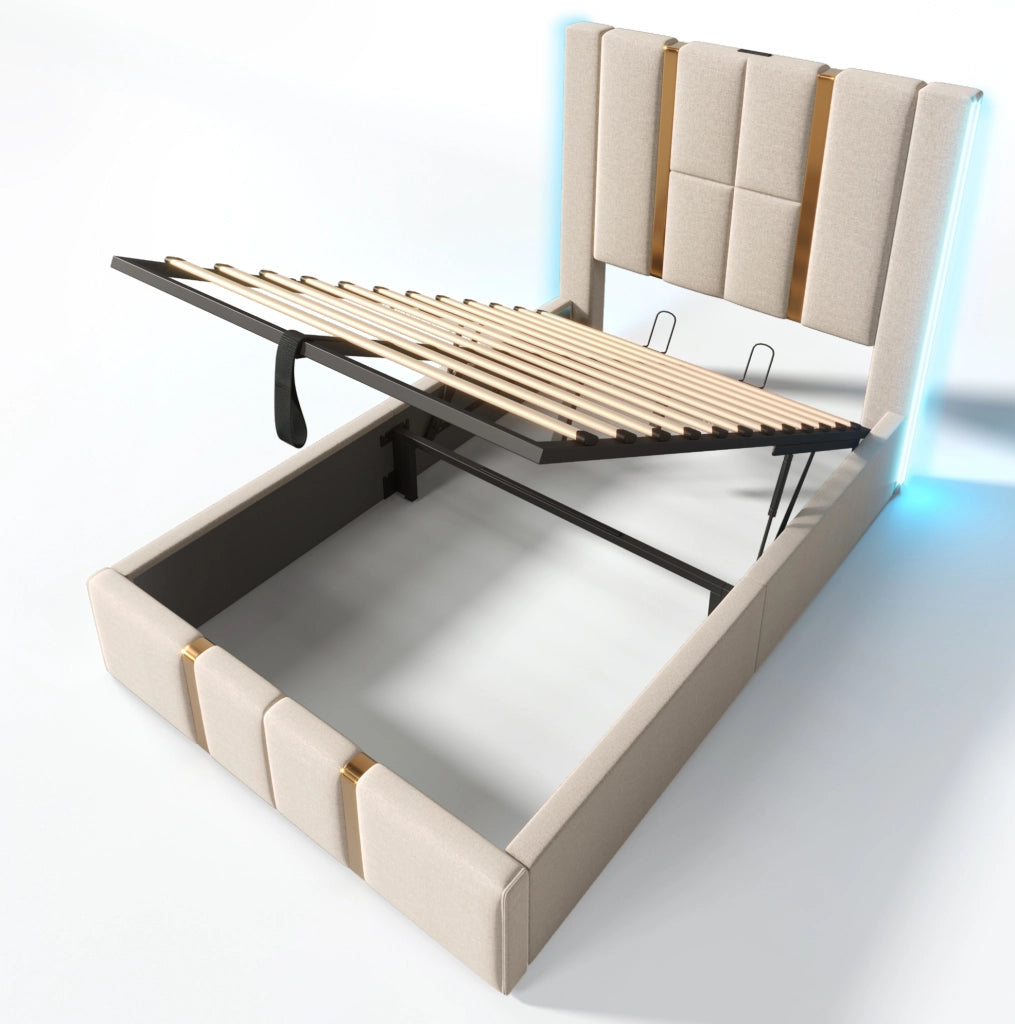 Letto imbottito 90x200 cm in lino beige con LED RGB; USB e Type-C; contenitore e rete a doghe