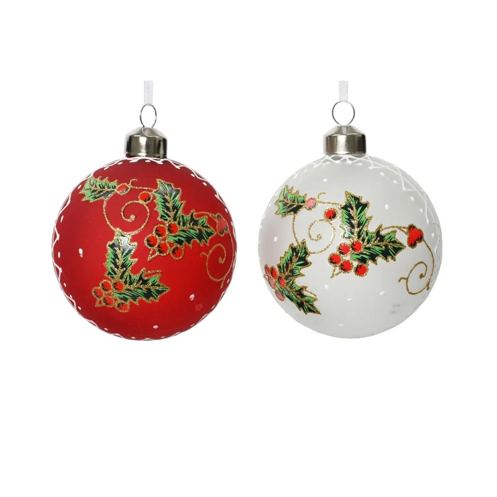 Pallina Vt d8cm satinata foglie/bacche/pois ass