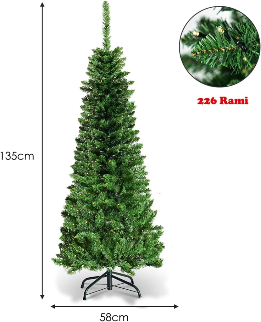 Albero di Natale 135/200/225 cm, Albero di Natale Slim con 150/250/350 Luci a LED Calde, 226/708/1085 Rami Folti e Base di Metallo, Albero di Natale con Luci Incorporate per Festa (135 cm)