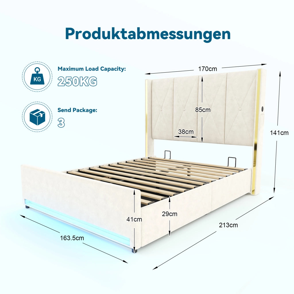 LETTO Contenitore 160x200 cm in Velluto Beige con USB, LED e tasche laterali