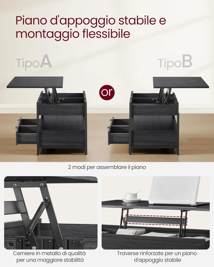 VASAGLE Tavolino da salotto con piano rialzabile, con cassetti, scomparti nascosti e ripiano aperto, grigio antracite e nero inchiostro LCT209B22
