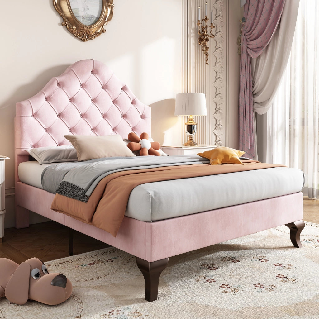 OKWISH Letto Singolo 90×200 cm con Testiera Regolabile e Rete a Doghe, senza Materasso, in Velluto, Rosa