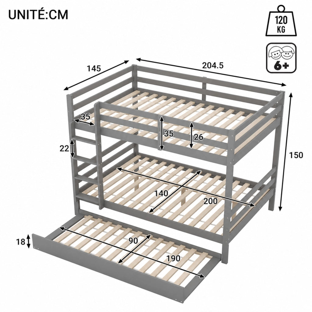 DESMIU Letto a castello 140 × 200 cm 3 posti con letto estraibile e scala, senza materasso, in pino e MDF, grigio